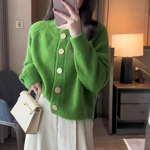 Raglan-Sleeve Round-Neck Cardigan - Green / One Size