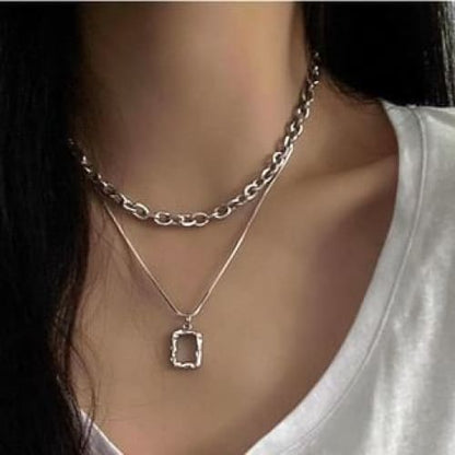 Rectangle Pendant Layered Alloy Choker