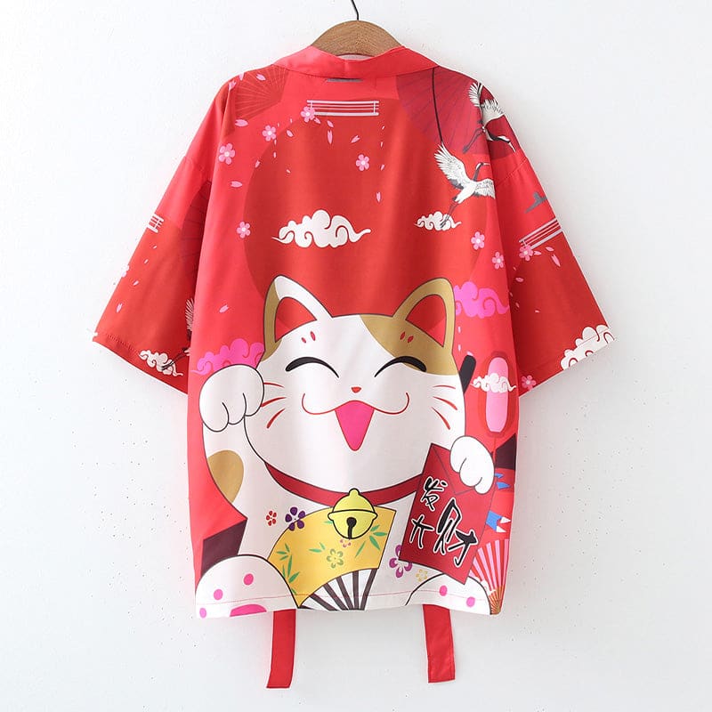 Red Anime Lucky Cat Cardigan Kimono Outerwear