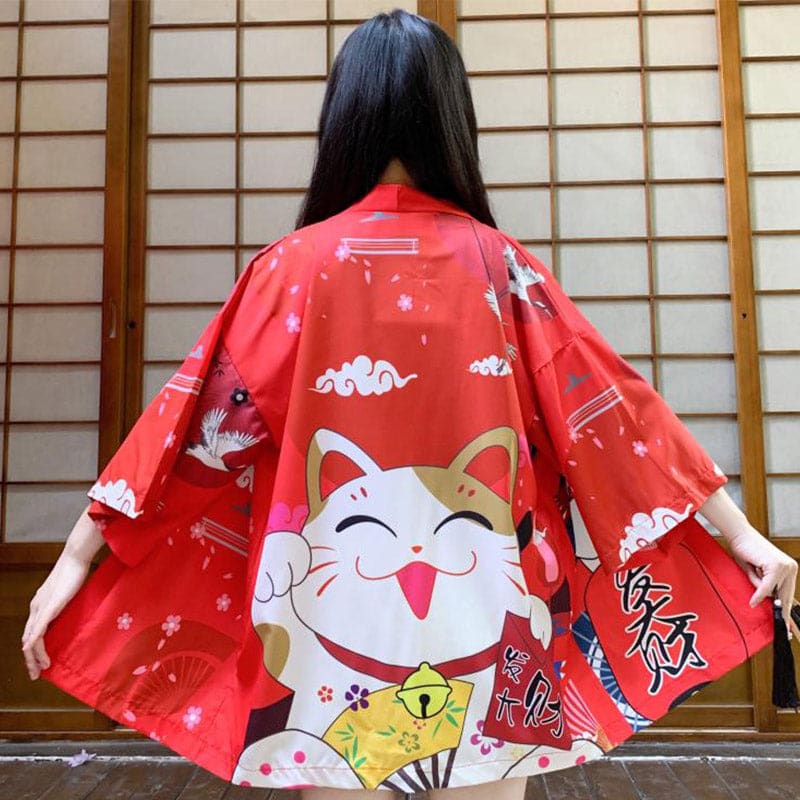 Red Anime Lucky Cat Cardigan Kimono Outerwear - Red