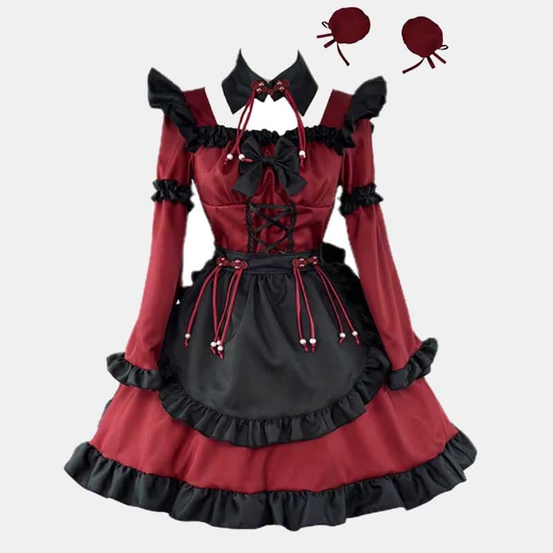 Red Black Maid Gothic Devil Lolita Dress - Wine Red / S