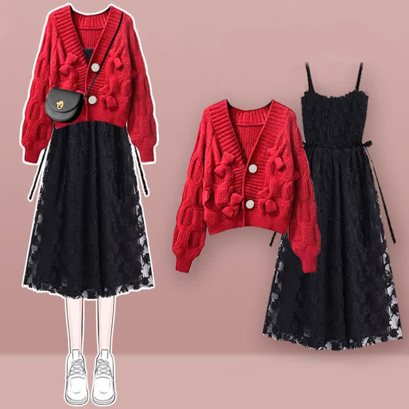 Red Bow Decor Cardigan Lace Slip Dress Set