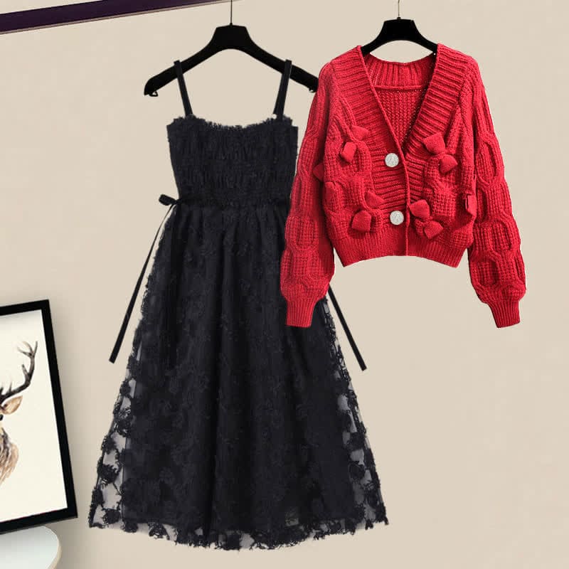 Red Bow Decor Cardigan Lace Slip Dress Set - Set / M