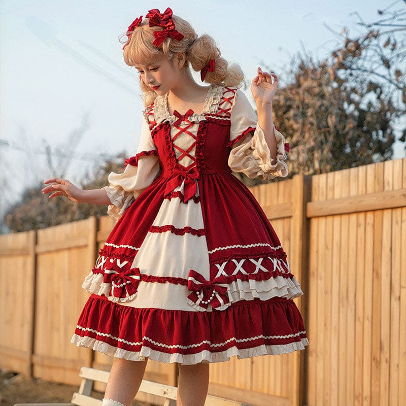 Red Bow Knot Decor Lace Up Lolita Dress