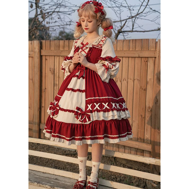 Red Bow Knot Decor Lace Up Lolita Dress