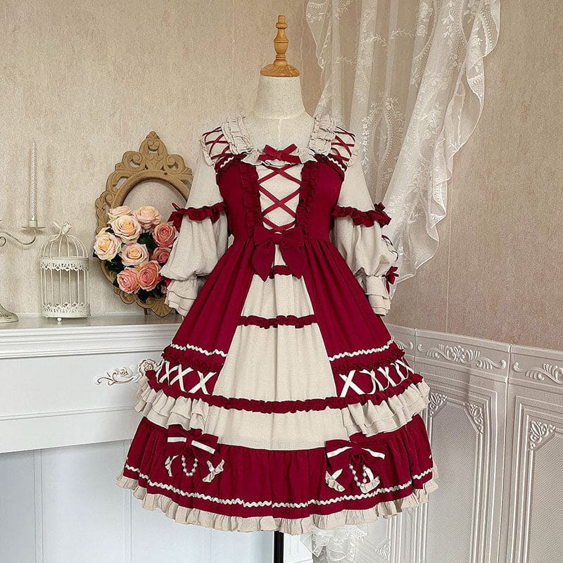 Red Bow Knot Decor Lace Up Lolita Dress - Red / S