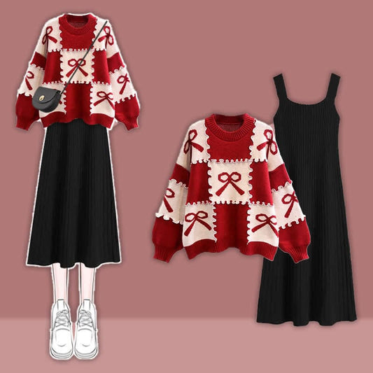 Red Bow Knot Print Colorblock Sweater Slip Dress Set - Set