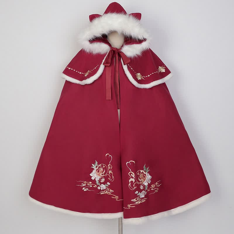 Red Bunny Embroidery Plush Hooded Cloak Coat - Red