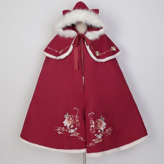 Red Bunny Embroidery Plush Hooded Cloak Coat - Red