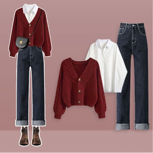 Red Cardigan Sweater Lapel Shirt Denim Pants Set - Set / M