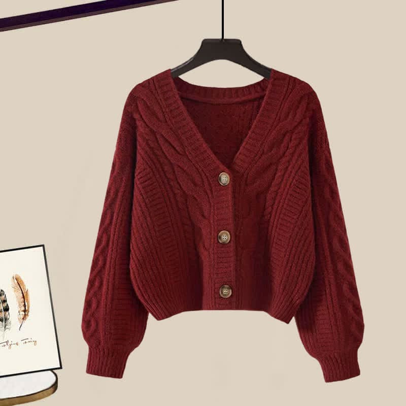 Red Cardigan Sweater Lapel Shirt Denim Pants Set - Sweater