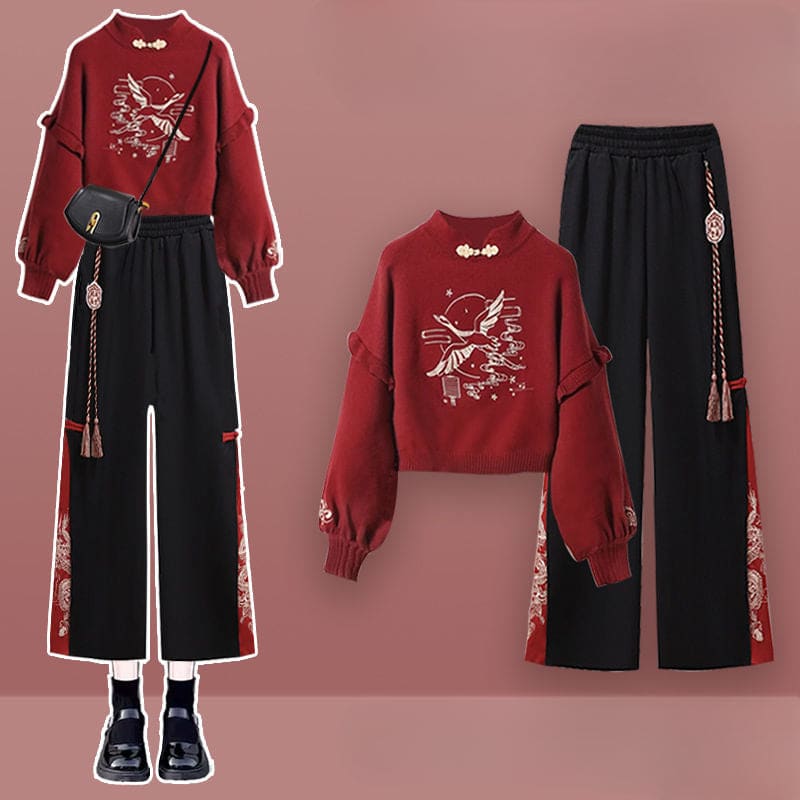 Red Cross Knit Sweater Dress Set - Set / M 40-50kg
