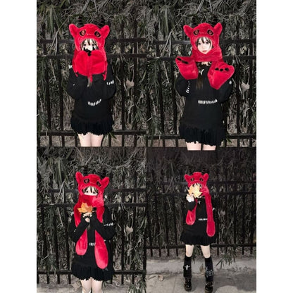 Red Devil Gothic Winter Scarf Gloves Plush Hat - Red / Free