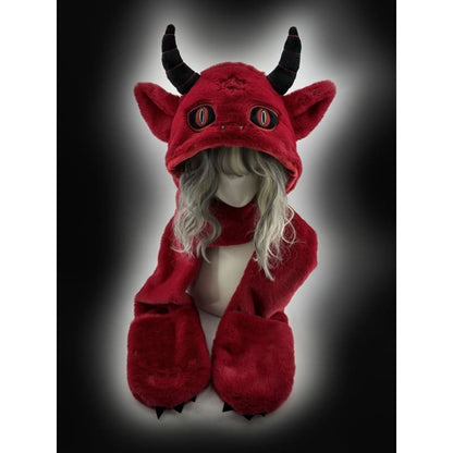 Red Devil Gothic Winter Scarf Gloves Plush Hat - Red / Free