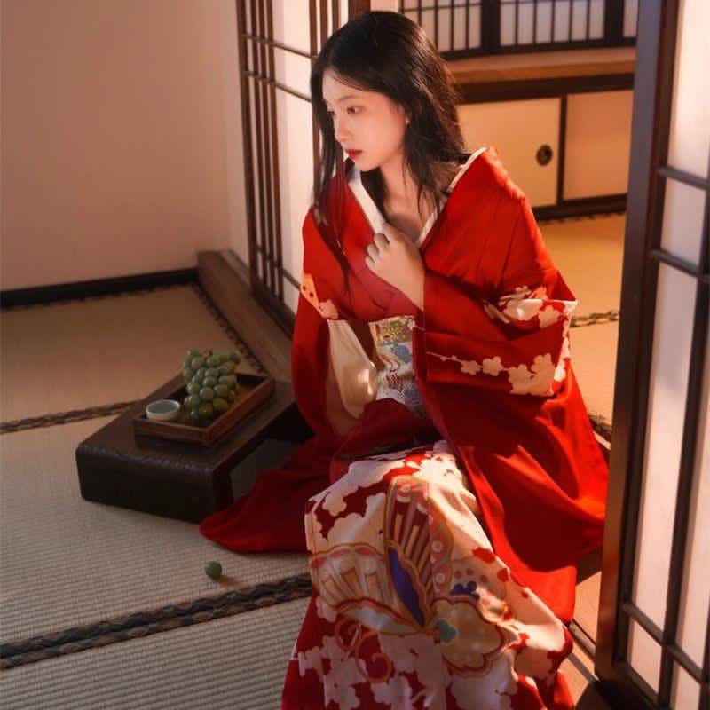 Red Elegant Print Traditional Kimono Dress - Red / One Size