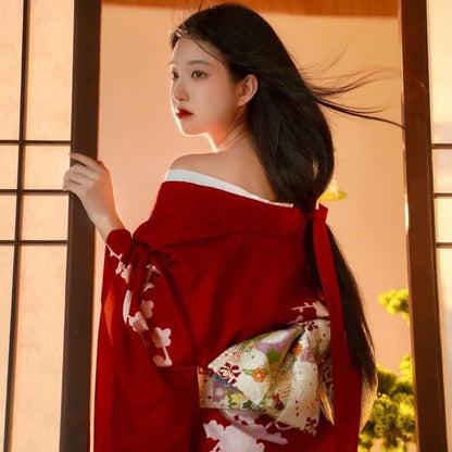 Red Elegant Print Traditional Kimono Dress - Red / One Size