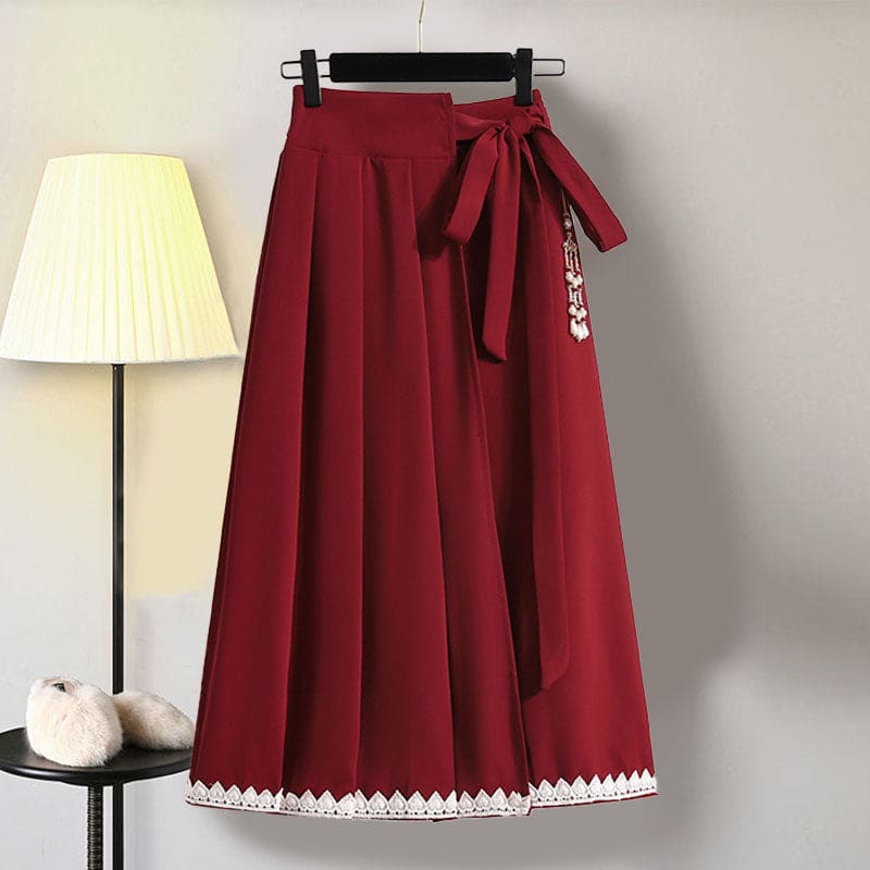 Red Flower Embroideried Hoodie Plush Pleated Skirt - Skirt