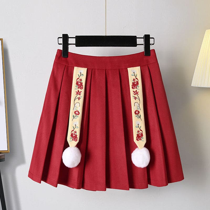 Red Flower Embroideried Hoodie Plush Pleated Skirt - Skirt