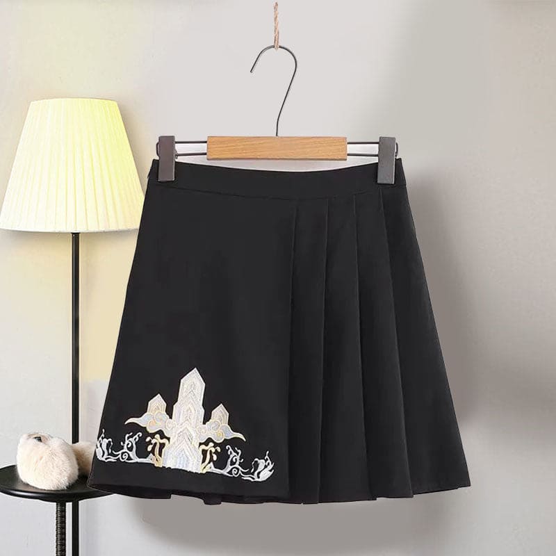 Red Flower Embroideried Hoodie Plush Pleated Skirt - Skirt