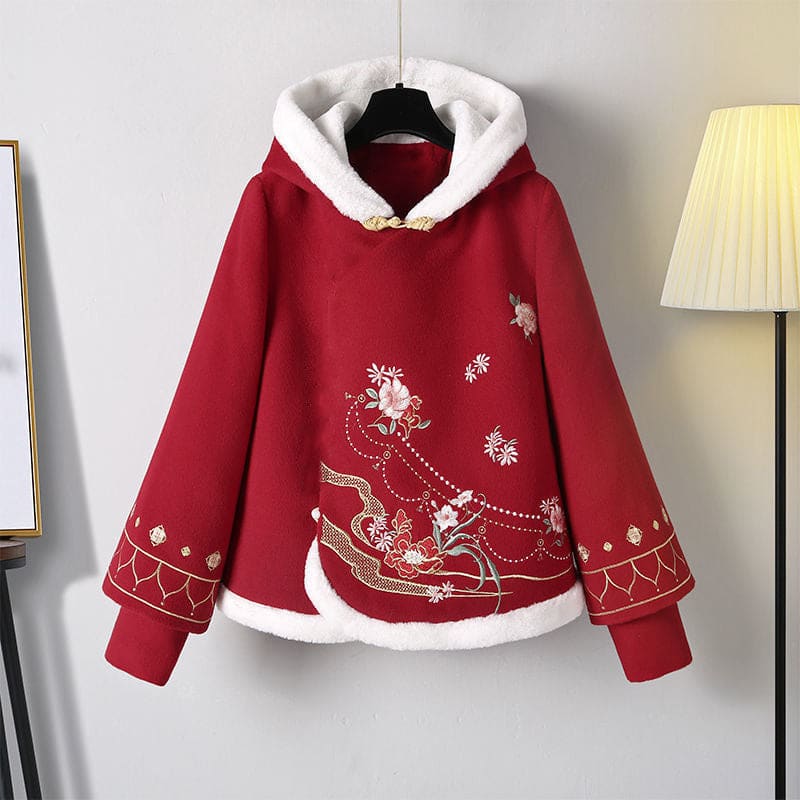 Red Flower Embroideried Hoodie Plush Pleated Skirt - Hoodie