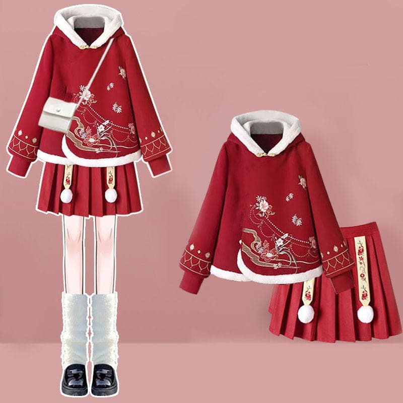 Red Flower Embroideried Hoodie Plush Pleated Skirt - Set B