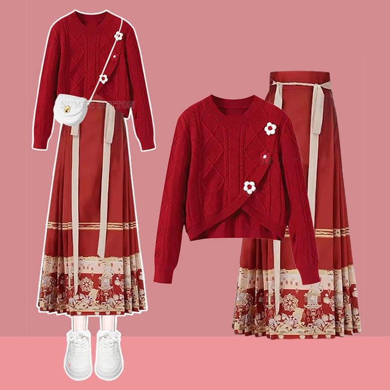 Red Flower Sweater High Waist Skirt - Set / M