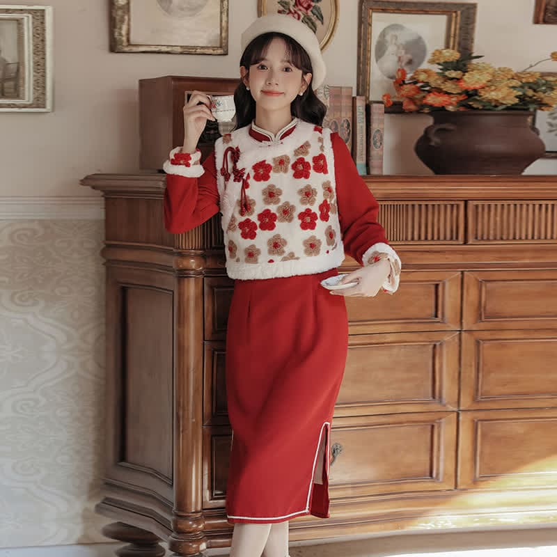 Red Flowers Buckle Vest Bowknot Cheongsam Dress