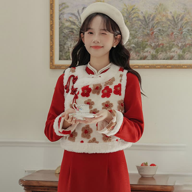 Red Flowers Buckle Vest Bowknot Cheongsam Dress