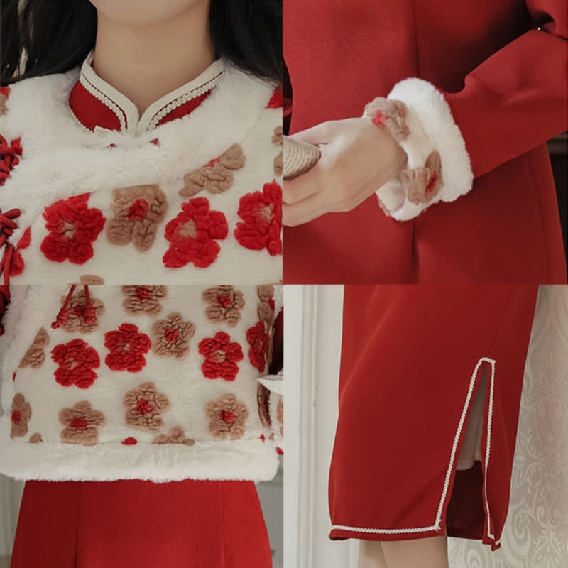 Red Flowers Buckle Vest Bowknot Cheongsam Dress