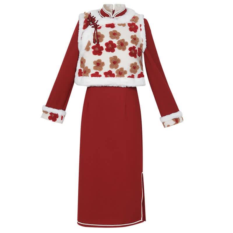 Red Flowers Buckle Vest Bowknot Cheongsam Dress