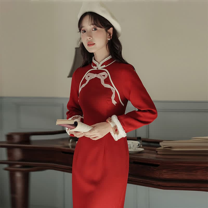 Red Flowers Buckle Vest Bowknot Cheongsam Dress