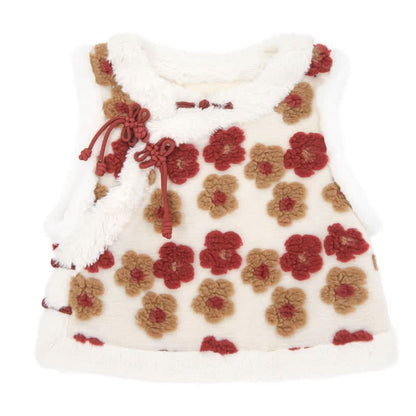 Red Flowers Buckle Vest Bowknot Cheongsam Dress - Vest / S