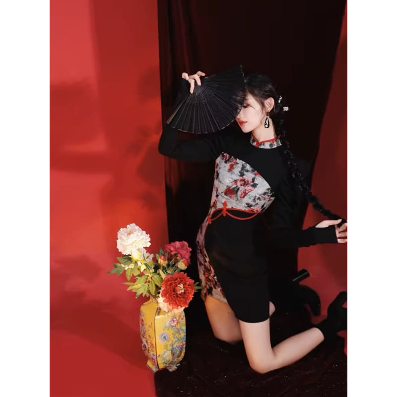 Red Flowers Puff Sleeve Short Cheongsam - Female Hanfu