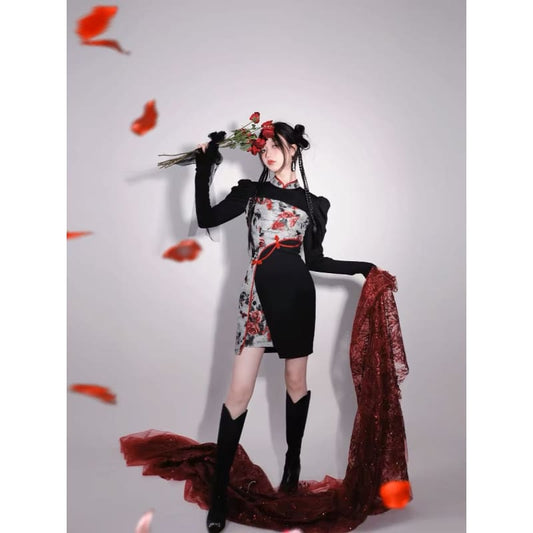 Red Flowers Puff Sleeve Short Cheongsam - Female Hanfu