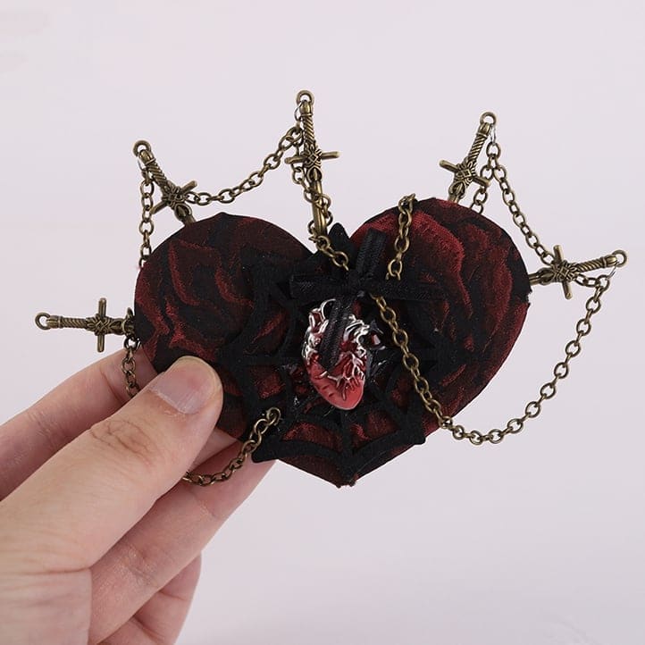 Red Heart Black Spider Web with Swords and Chains Hairclip