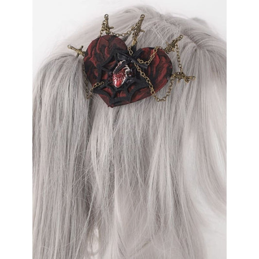 Red Heart Black Spider Web with Swords and Chains Hairclip