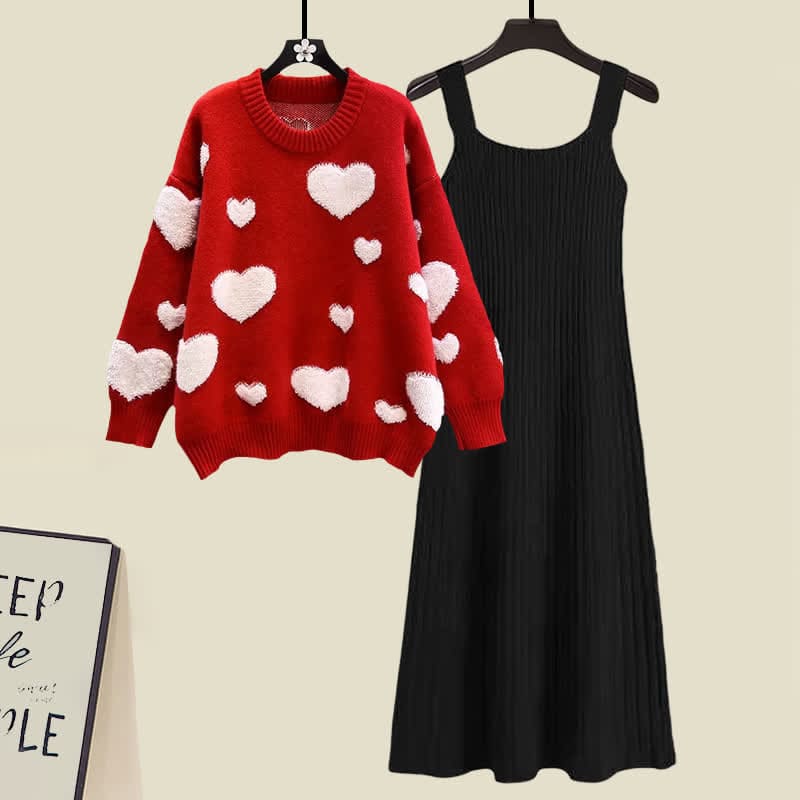 Red Heart Pattern Sweater Knit Slip Dress Set - Dress / M