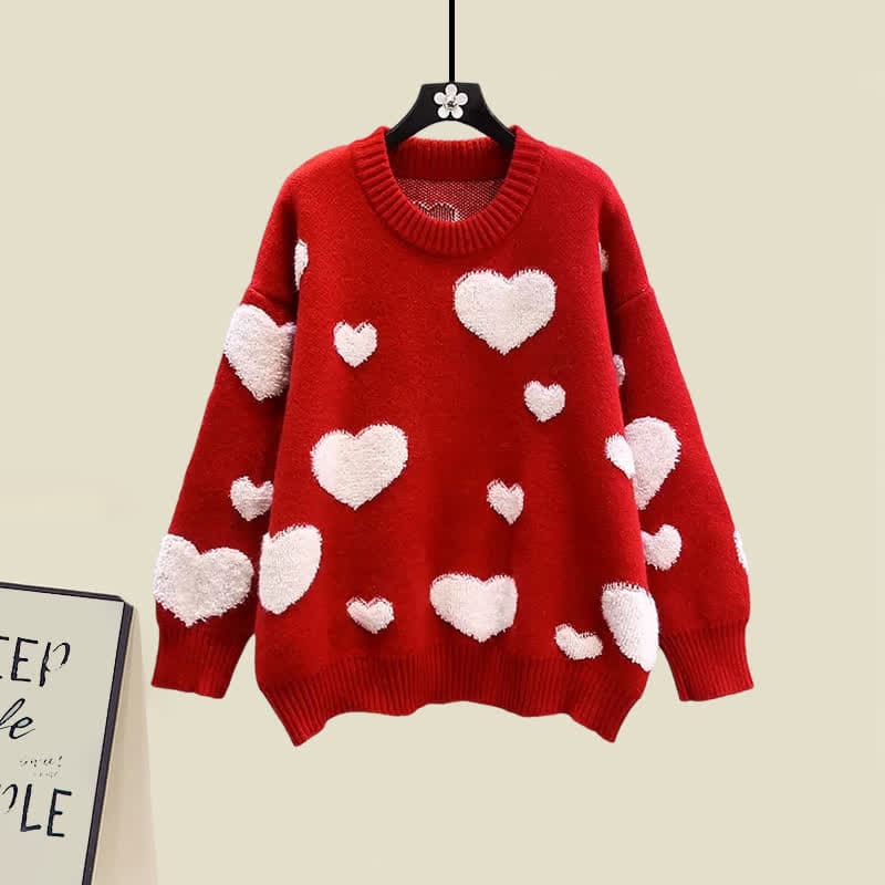 Red Heart Pattern Sweater Knit Slip Dress Set - Sweater / M