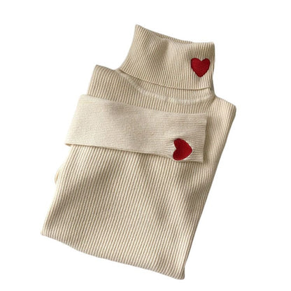 Red Heart Stripe Turtleneck Jumper - Free Size / Beige