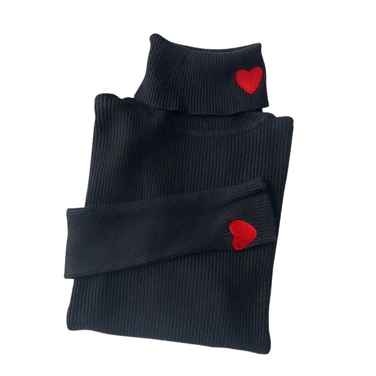Red Heart Stripe Turtleneck Jumper - Free Size / Black