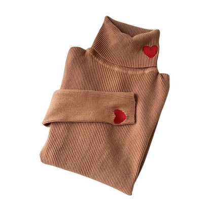 Red Heart Stripe Turtleneck Jumper - Free Size / Brown