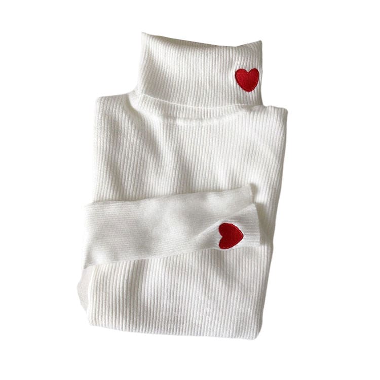 Red Heart Stripe Turtleneck Jumper - Free Size / White
