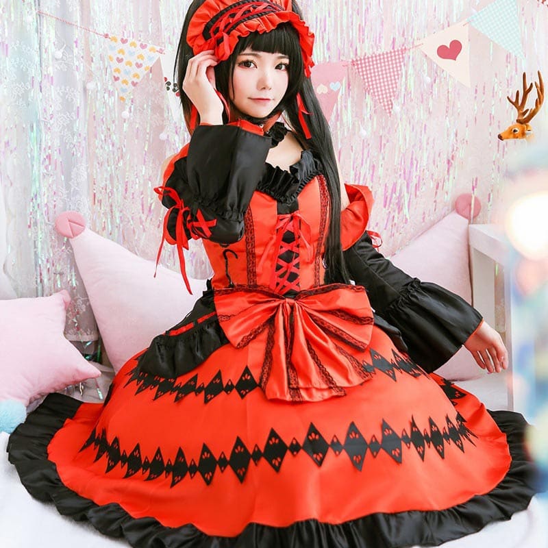 Red Lolita Princess Cosplay Lace Up Dress - Red / One Size