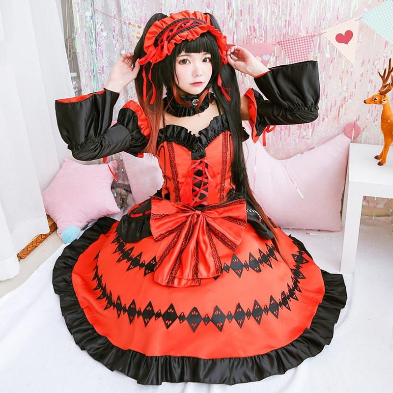 Red Lolita Princess Cosplay Lace Up Dress - Red / One Size