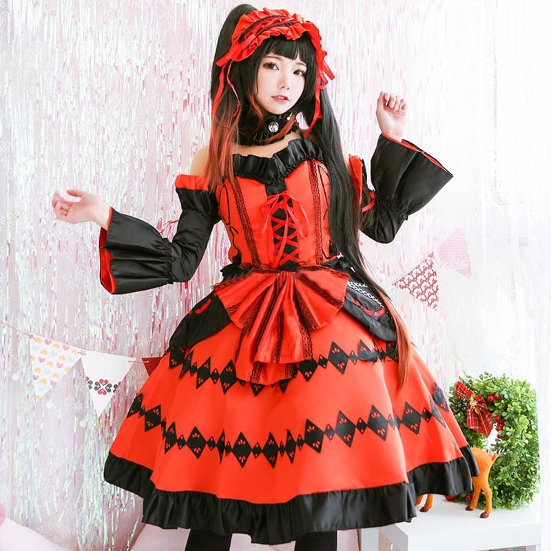 Red Lolita Princess Cosplay Lace Up Dress - Red / One Size