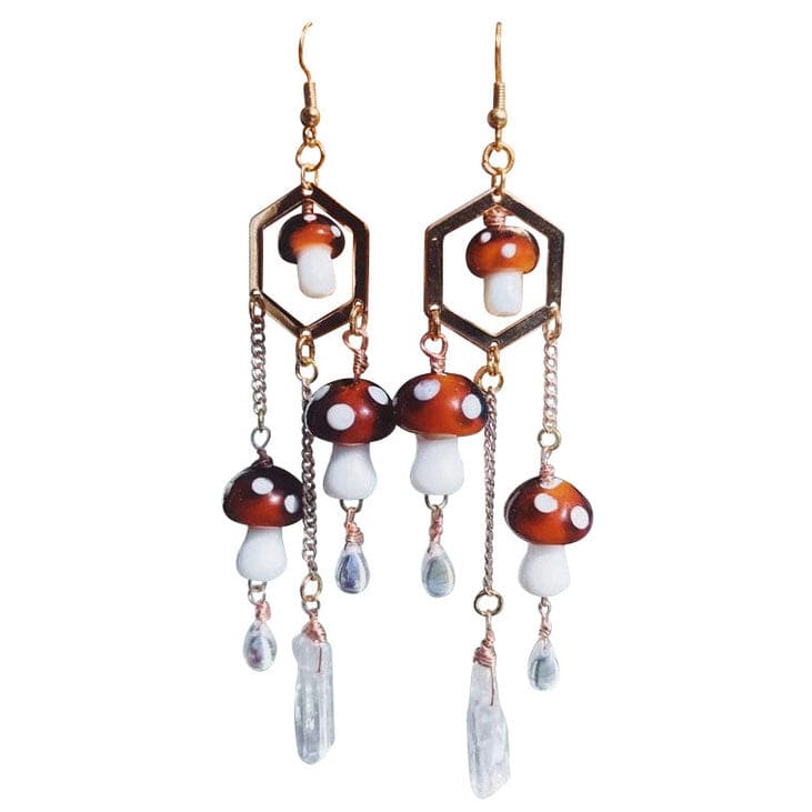 Red Mushroom Earrings - Standart / Gold/brown - earrings