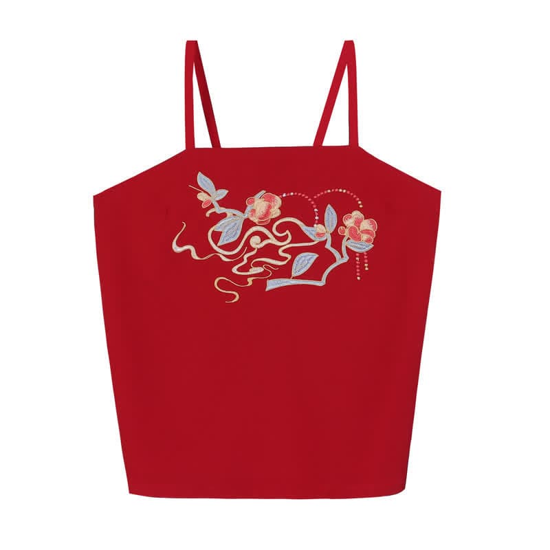 Red Phoenix Embroidery Tank Top Big Sleeve Cardigan Shirt