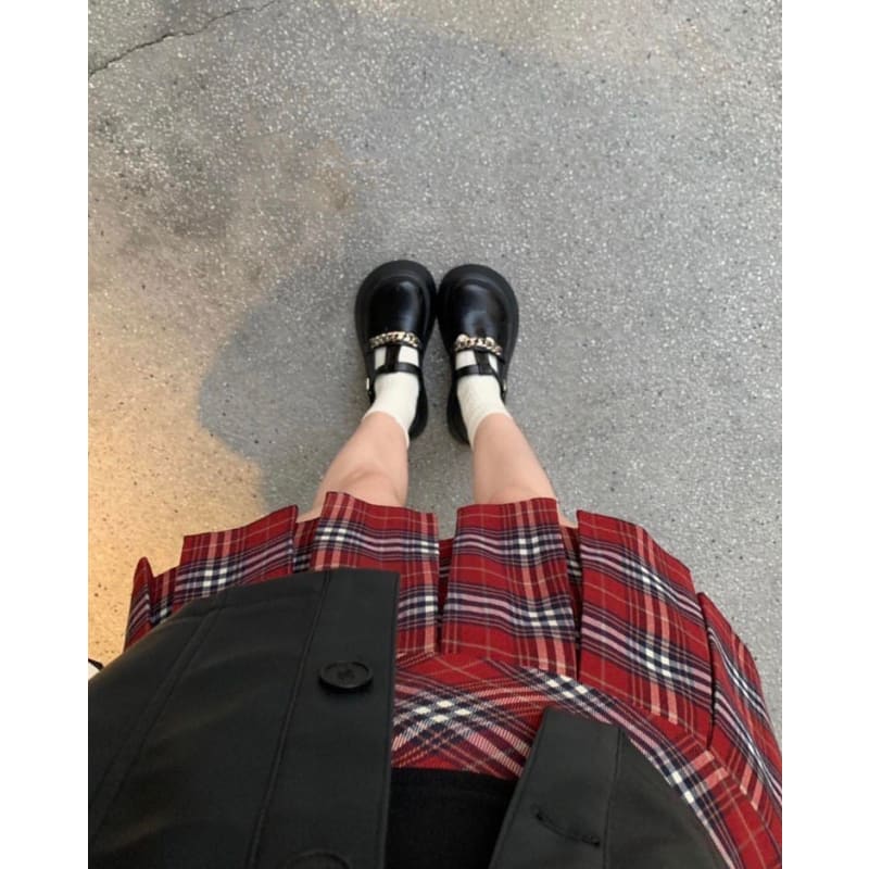 Red Plaid Pleated Skirt - Skirt