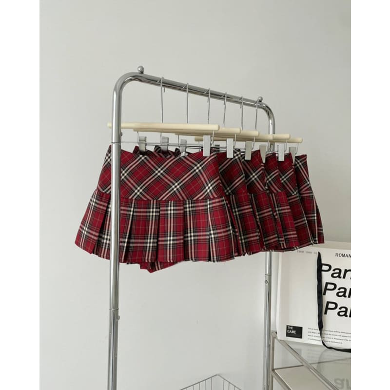 Red Plaid Pleated Skirt - Skirt