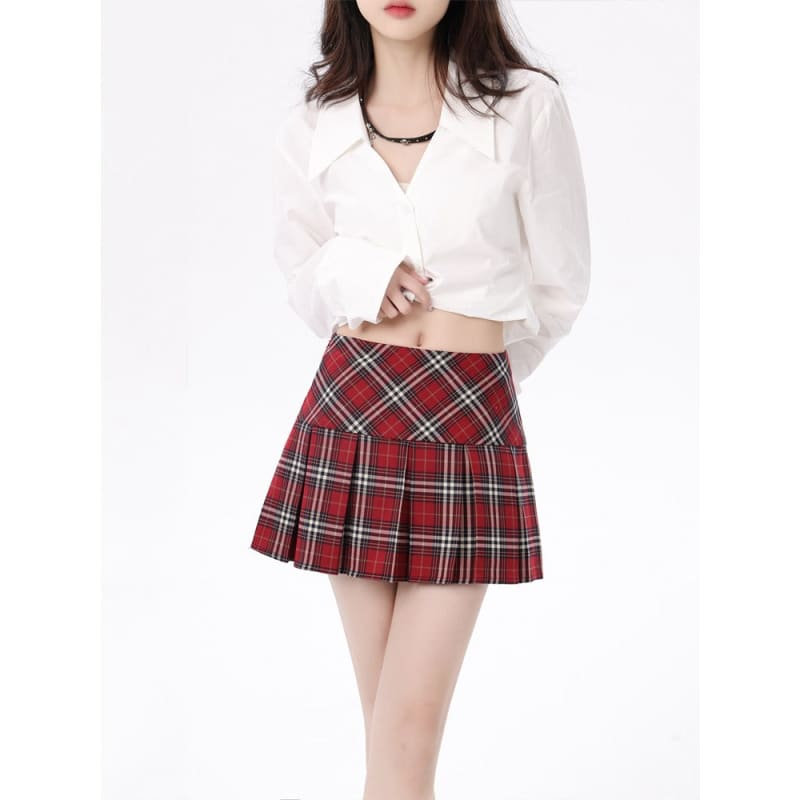 Red Plaid Pleated Skirt - Skirt